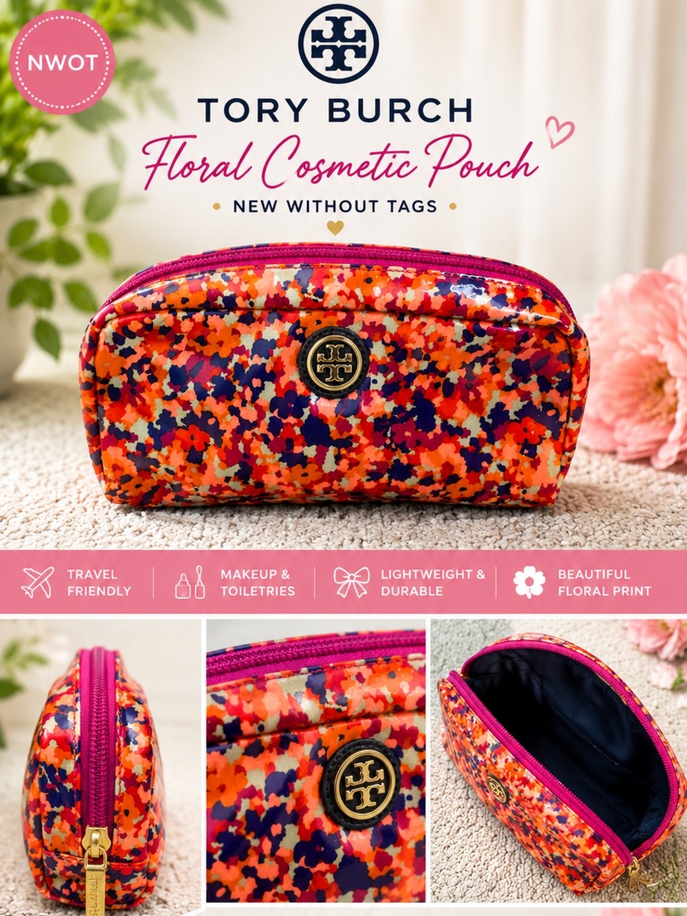 Tory Burch Multicolor Floral Cosmetic Pouch with Gold Logo